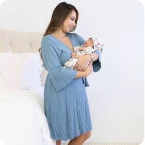 Caden Lane Bamboo Maternity Robe Womens One Size Dusty Blue Nursing Wrap Tie